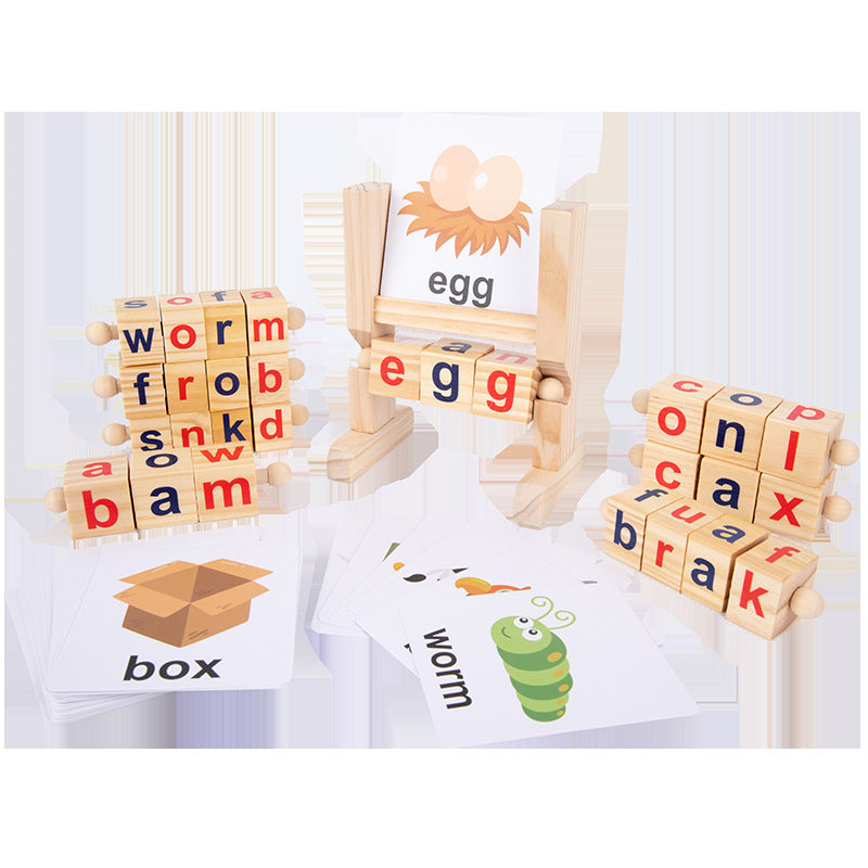 Montessori Wooden Spelling Game – Kids Word Builder Learning Toy with Flash Cards