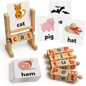 Montessori Wooden Spelling Game – Kids Word Builder Learning Toy with Flash Cards