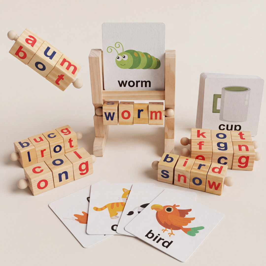 Montessori Wooden Spelling Game – Kids Word Builder Learning Toy with Flash Cards