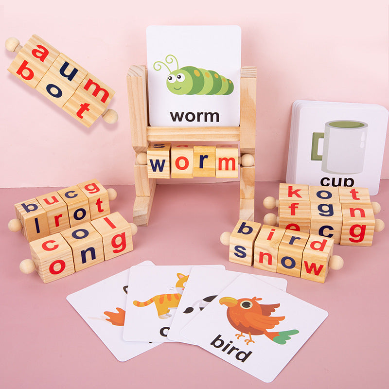 Montessori Wooden Spelling Game – Kids Word Builder Learning Toy with Flash Cards